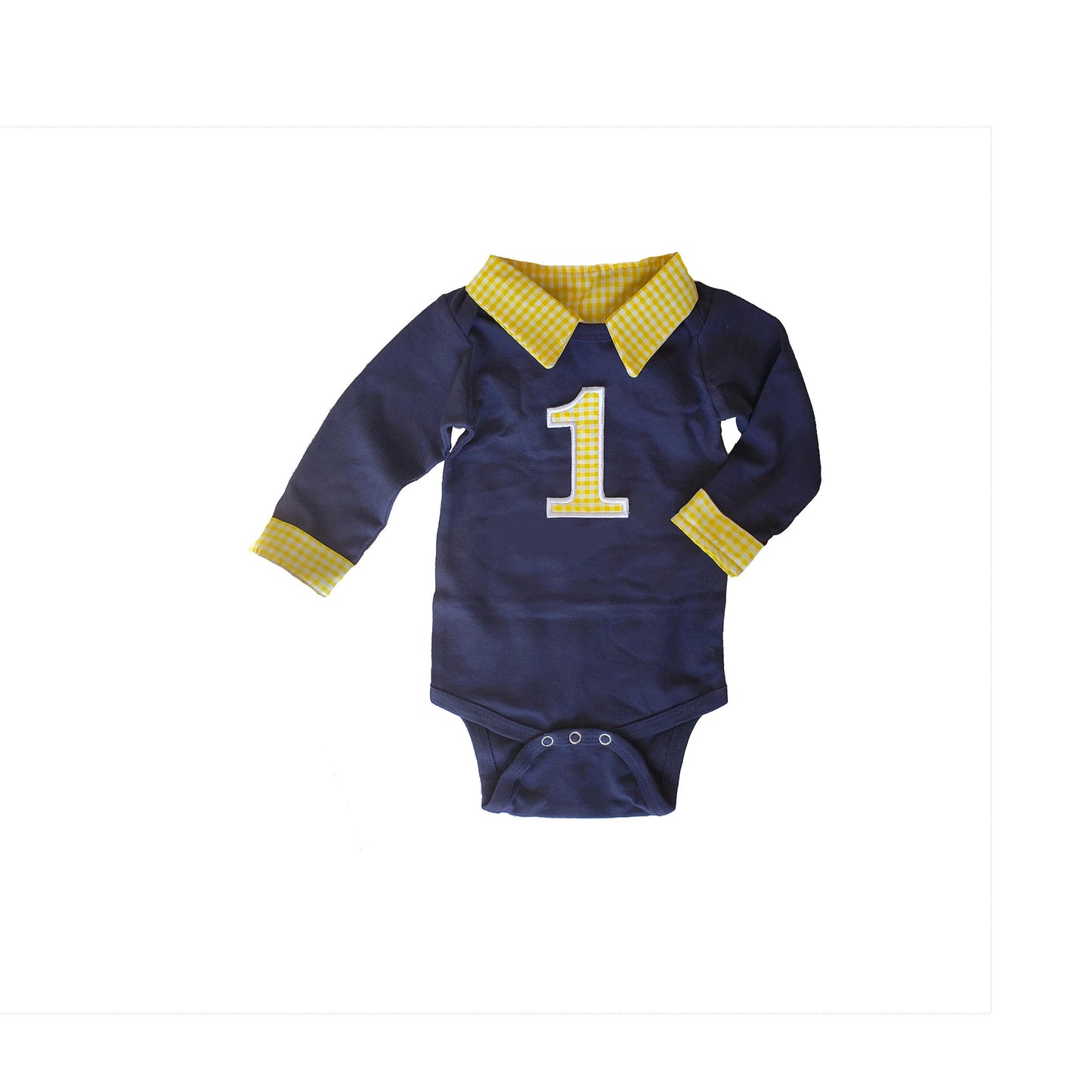 boys first birthday outfit, collared birthday bodysuit, personalized preppy cake smash shirt, navy and yellow gingham