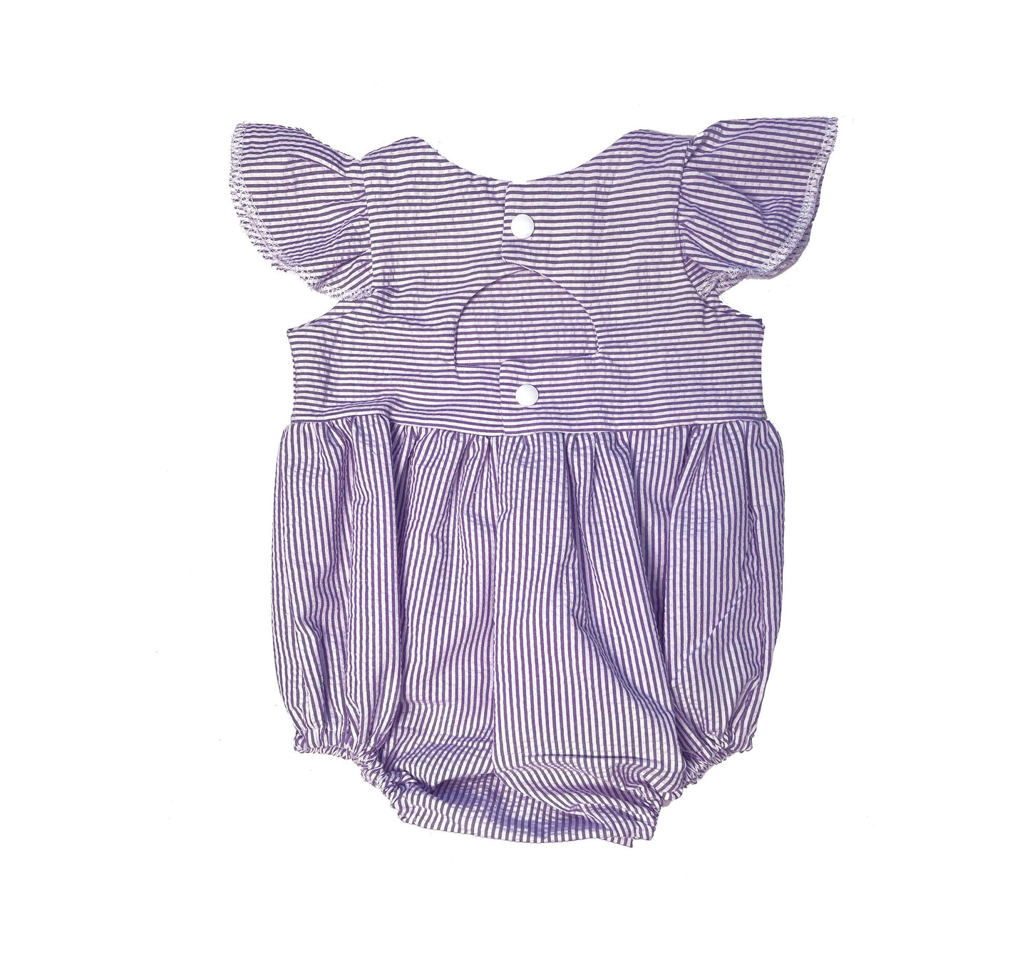 baby girl seersucker romper, purple and white monogrammed bubble romper, great for spring and summer baby showers and new baby gifts