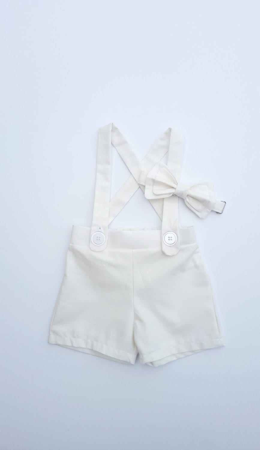 ring bearer outfit, suspender shorts for vintage weddings, suit with linen vest blazer and bowtie, baby, toddler and youth sizes, white