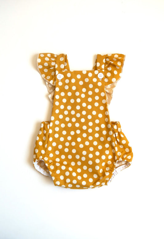 Yellow Polka Dot romper, spring romper, summer romper, yellow romper, ruffle romper, Summer outfit, baby beach outfit, birthday romper