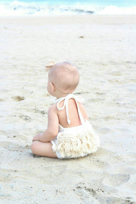 Boho fringe romper, baby girl boho romper, birthday romper, cake smash romper, white romper, cream romper