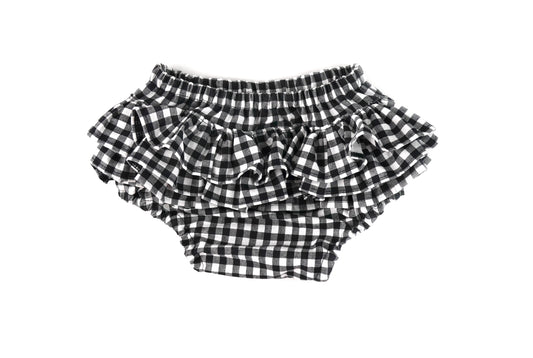 gingham ruffle bloomers, baby girl bloomers, ruffle bloomers, black bloomers, black checks diaper cover