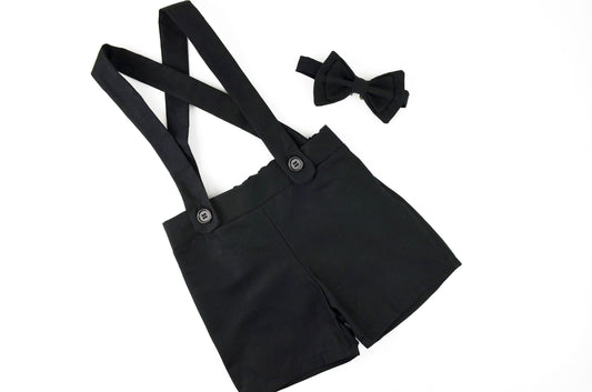 ring bearer outfit, suspender shorts for vintage weddings, suit with linen vest blazer and bowtie, baby, toddler and youth sizes, black