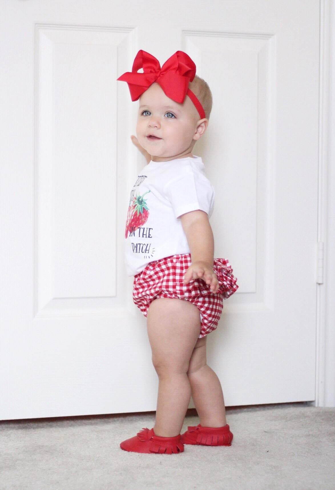 gingham ruffle bloomers, baby girl bloomers, ruffle bloomers, red bloomers, red checks diaper cover