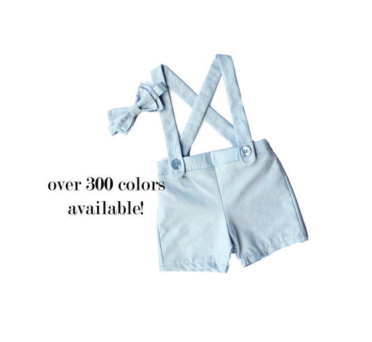 ring bearer outfit, suspender shorts for vintage style weddings, suit with linen vest blazer and bowtie, baby, toddler and youth sizes, blue