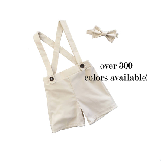 ring bearer outfit, suspender shorts for vintage weddings, suit with linen vest blazer and bowtie, baby, toddler and youth sizes, ivory