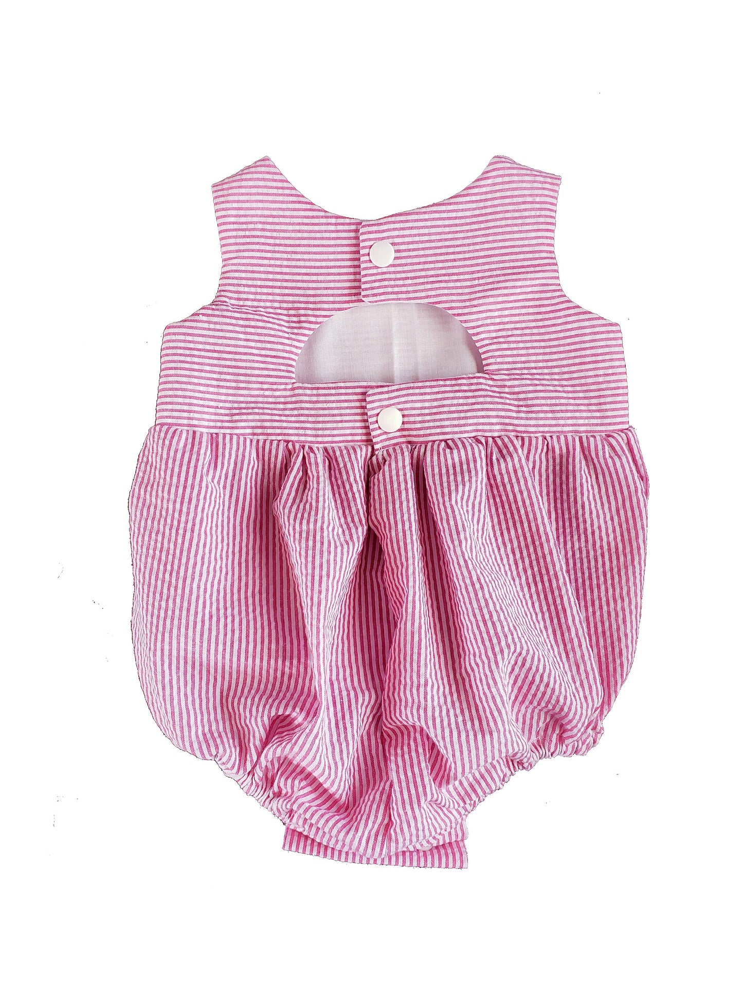 baby girl seersucker romper, pink and white monogrammed bubble romper, great for spring and summer baby showers and new baby gifts