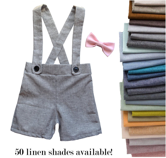 ring bearer outfit, suspender shorts for vintage style weddings, suit with linen vest blazer and bowtie, baby, toddler and youth sizes, grey