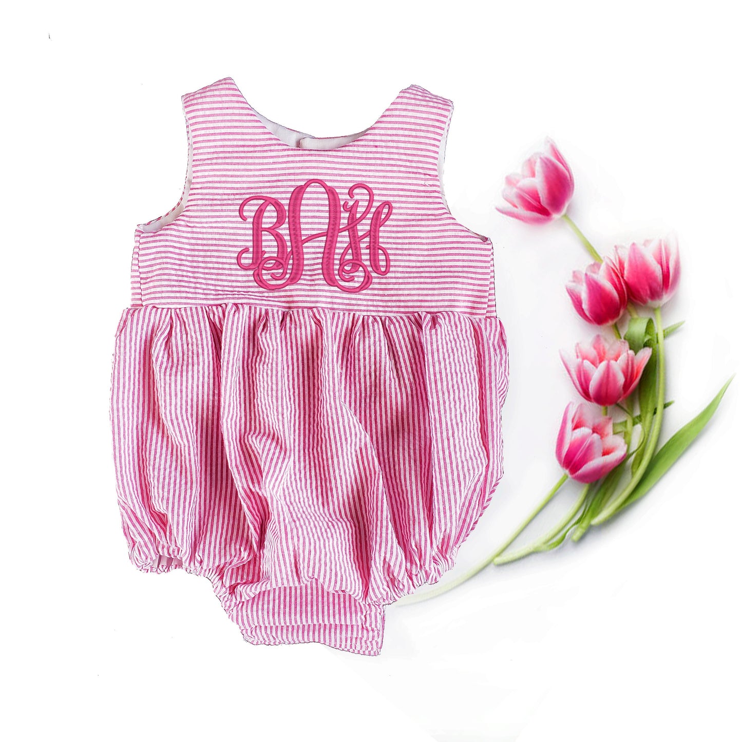 baby girl seersucker romper, pink and white monogrammed bubble romper, great for spring and summer baby showers and new baby gifts