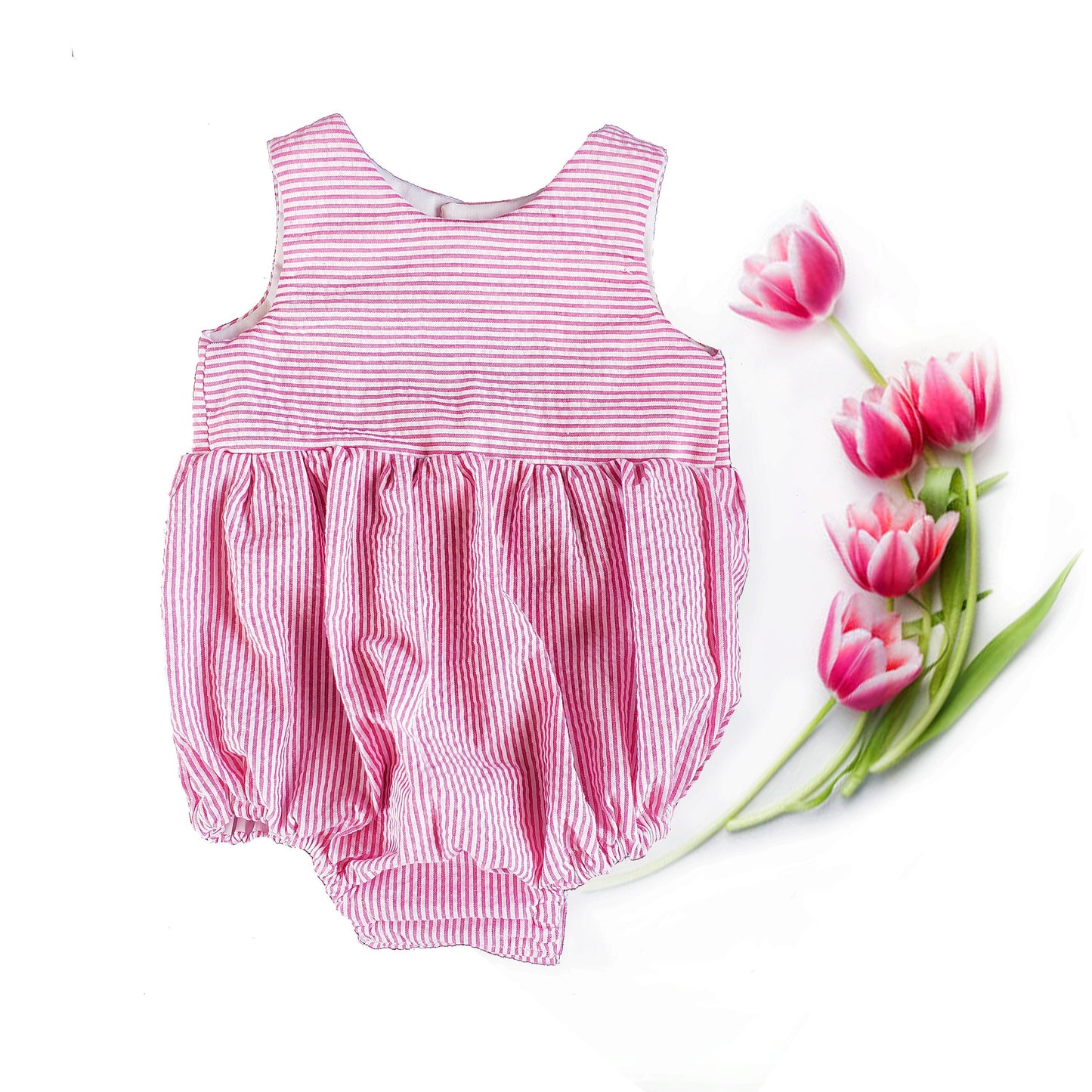 baby girl seersucker romper, pink and white monogrammed bubble romper, great for spring and summer baby showers and new baby gifts