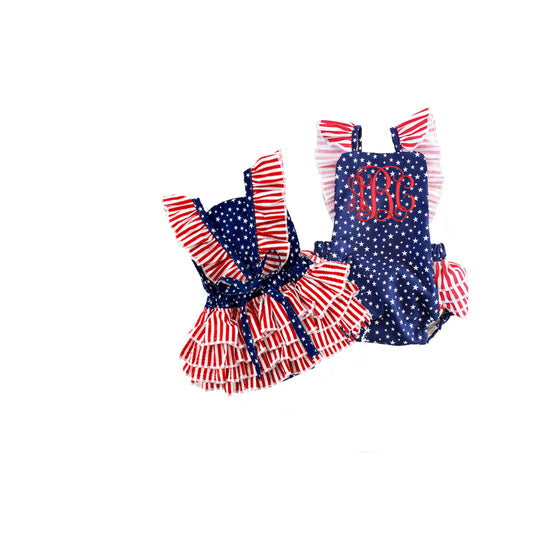 Girls July Fourth romper, Fourth of July outfit, Patriotic romper, July Fourth outfit, Independence Day outfit, monogram ruffle romper,