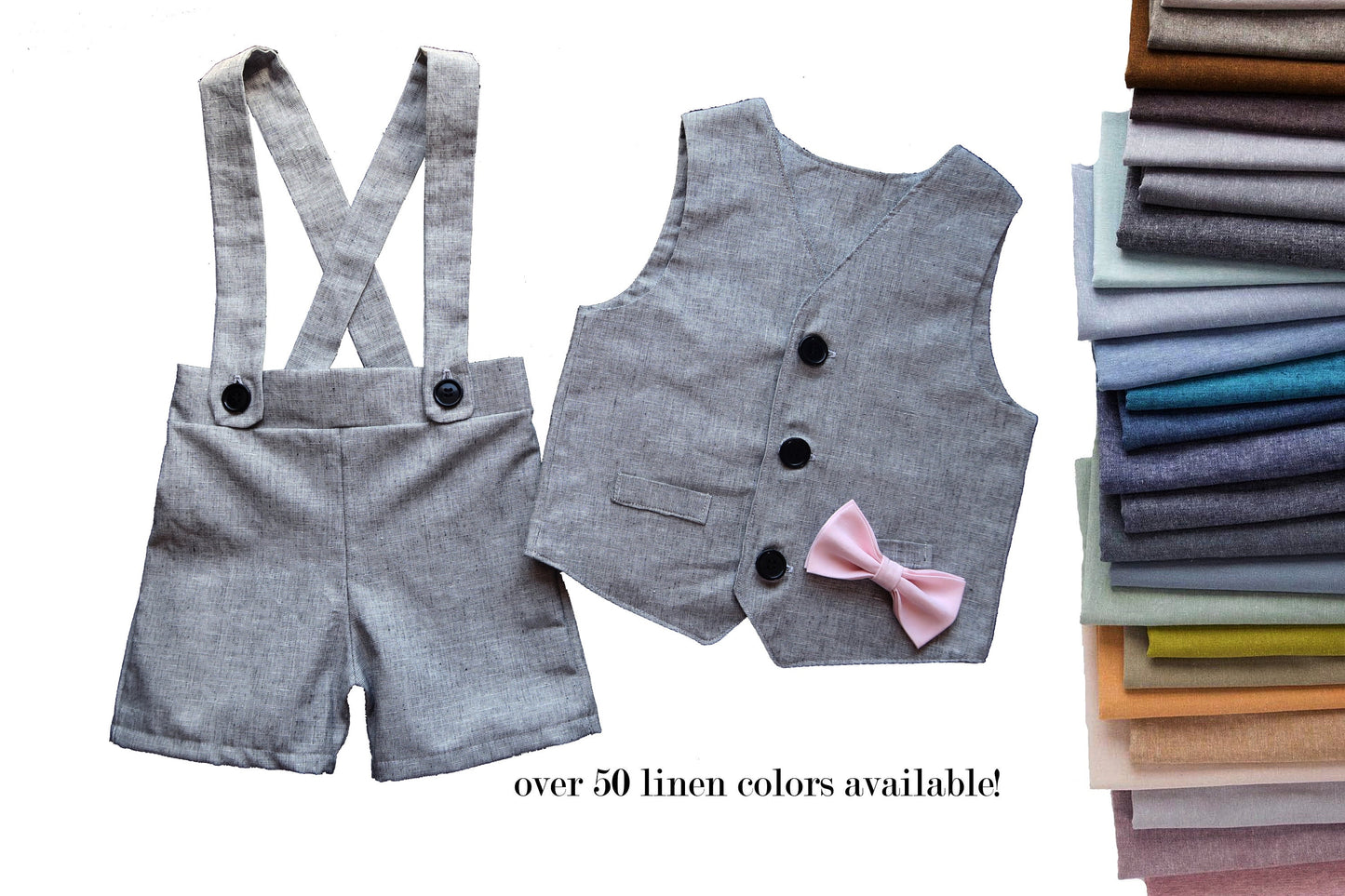 ring bearer outfit, suspender shorts for vintage style weddings, suit with linen vest blazer and bowtie, baby, toddler and youth sizes, grey