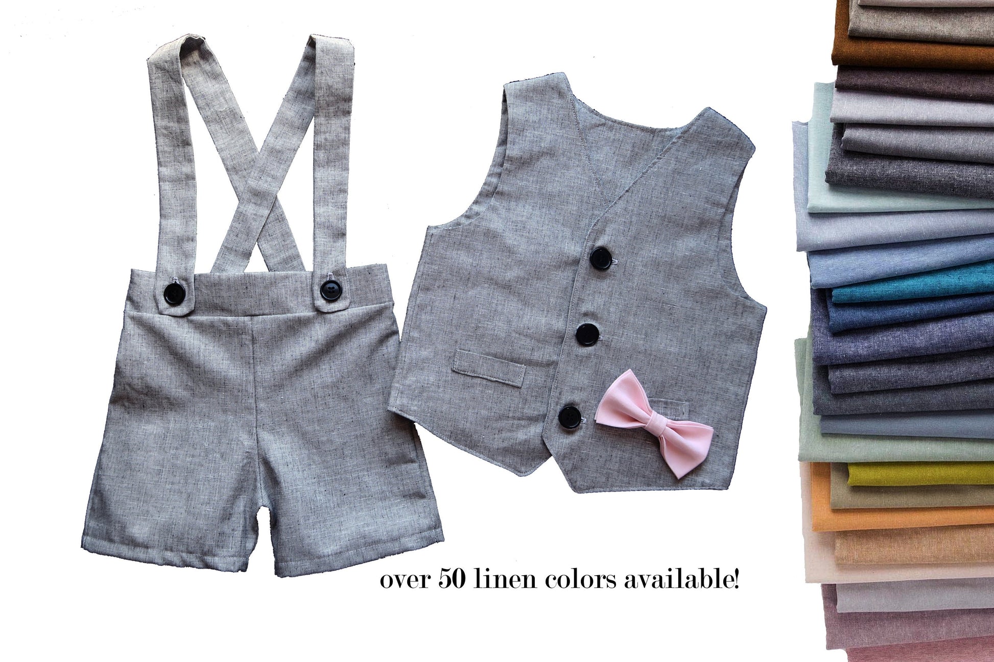 ring bearer outfit, suspender shorts for vintage style weddings, suit with linen vest blazer and bowtie, baby, toddler and youth sizes, grey