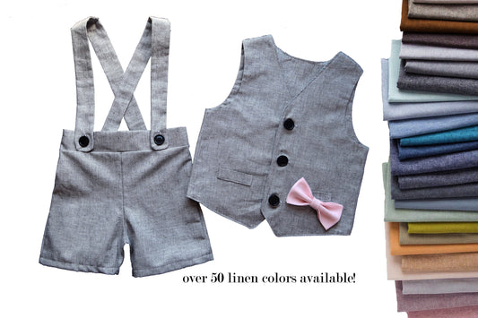ring bearer outfit, suspender shorts for vintage style weddings, suit with linen vest blazer and bowtie, baby, toddler and youth sizes, grey