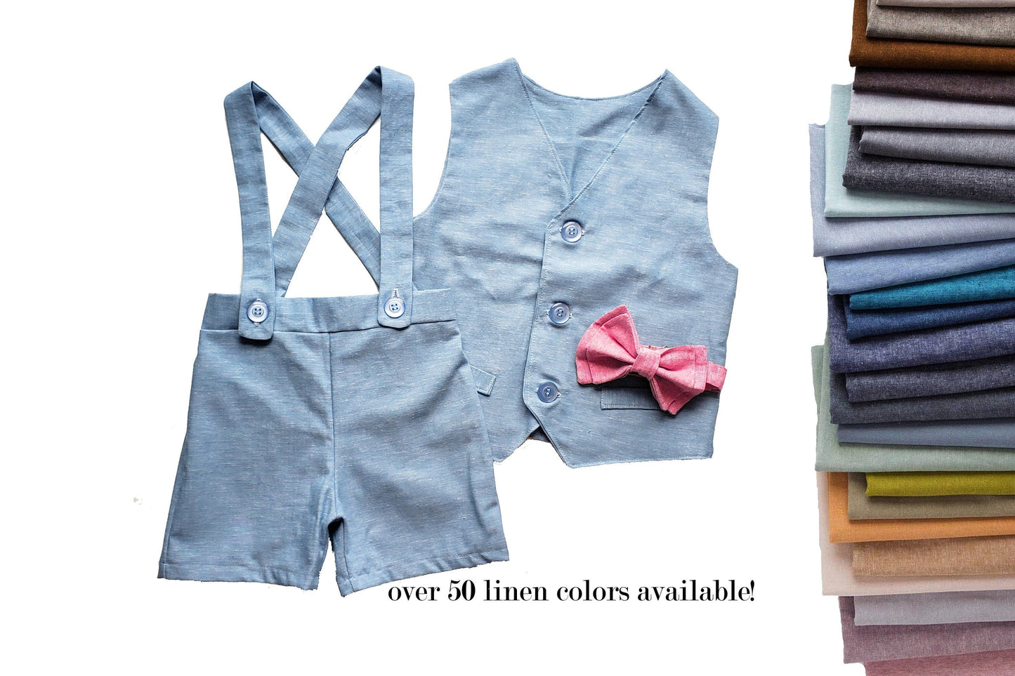 ring bearer outfit, suspender shorts for vintage style weddings, suit with linen vest blazer and bowtie, baby, toddler and youth sizes, blue
