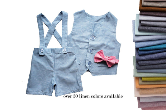 ring bearer outfit, suspender shorts for vintage style weddings, suit with linen vest blazer and bowtie, baby, toddler and youth sizes, blue