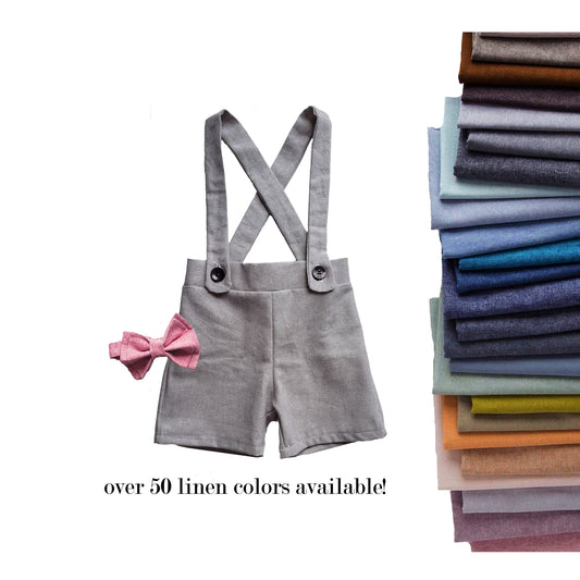 ring bearer outfit, suspender shorts for vintage style weddings, suit with linen vest blazer and bowtie, baby, toddler and youth sizes, grey