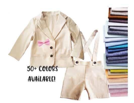 ring bearer outfit, suspender shorts for vintage weddings, suit with linen vest blazer and bowtie, baby, toddler and youth sizes, ivory