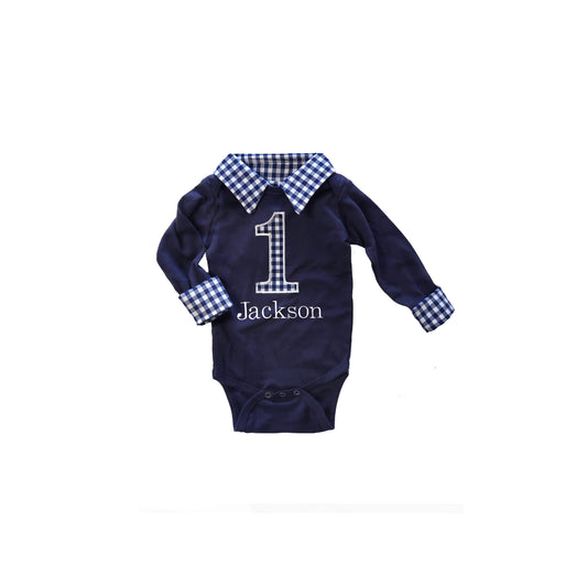 boys first birthday outfit, collared birthday bodysuit, personalized preppy cake smash shirt, navy gingham