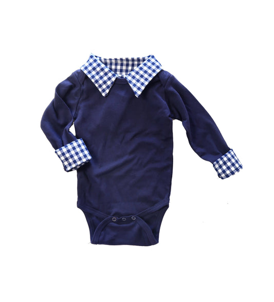 boys button down collared bodysuit, button up shirt bodysuit, personalized preppy sweater bodysuit, navy collared birthday,