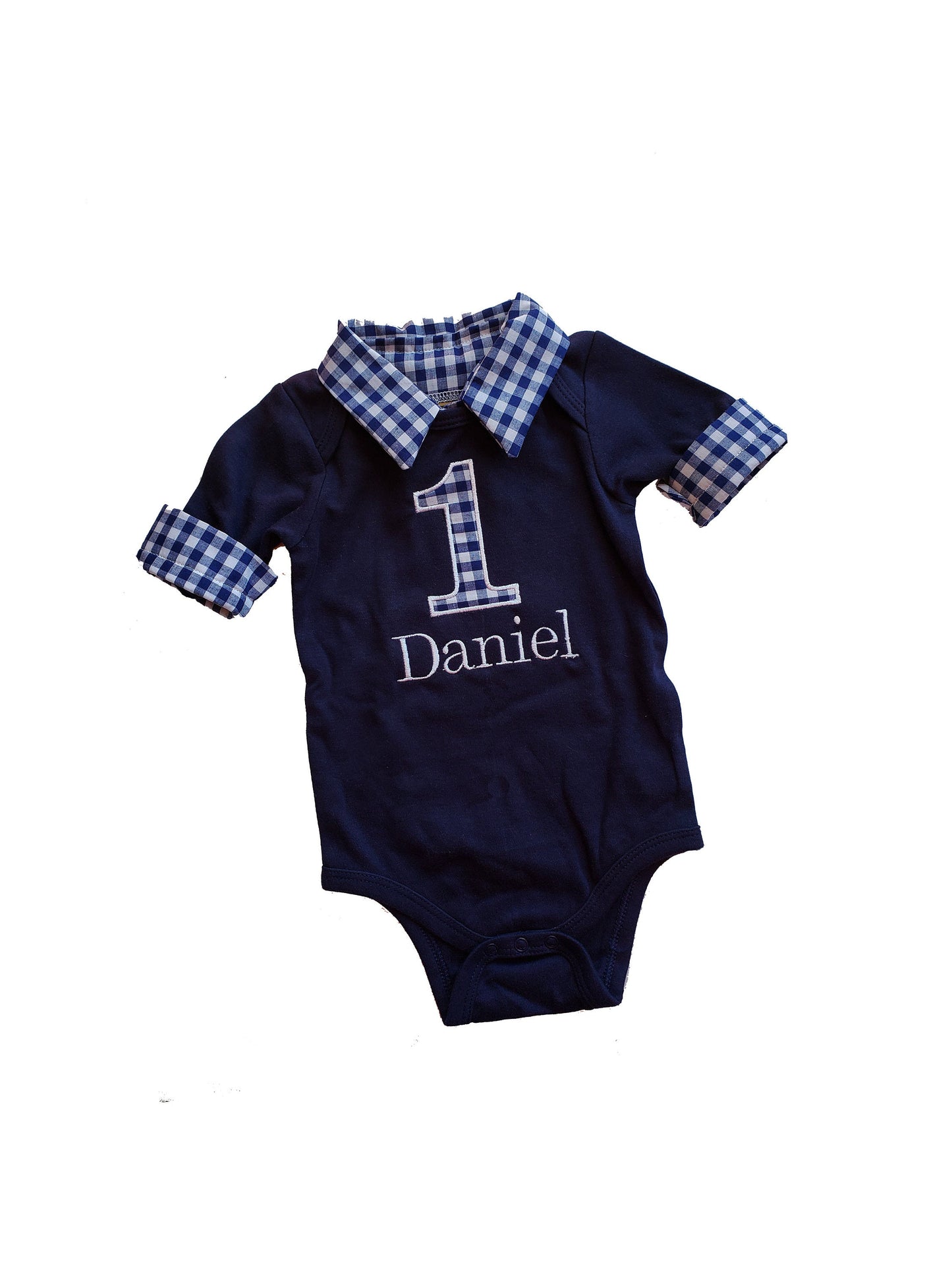 boys first birthday outfit, collared birthday bodysuit, personalized preppy cake smash shirt, navy gingham
