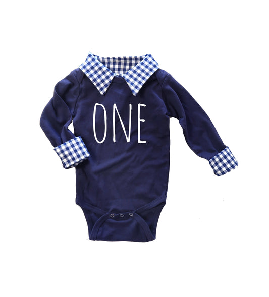 boys first birthday outfit, collared birthday bodysuit, personalized preppy cake smash shirt, navy collared gingham,