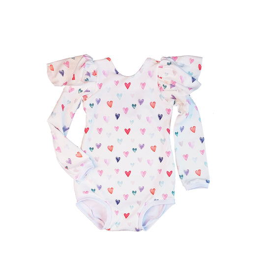 Watercolor hearts leotard in baby, toddler and girl sizes- Great for Valentines, birthdays, dance recitals and gifts!