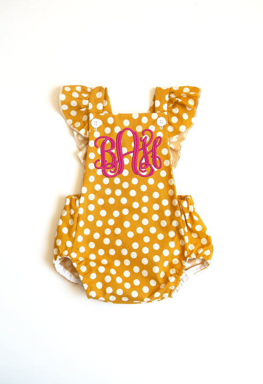 Monogram Yellow Polka Dot romper, spring romper, summer romper, yellow romper, ruffle Summer outfit, baby beach outfit, birthday romper