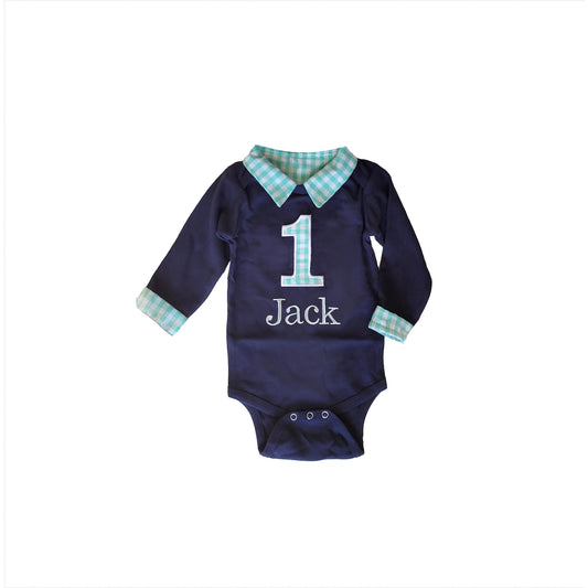 boys first birthday outfit, collared birthday bodysuit, personalized preppy cake smash shirt, aqua gingham