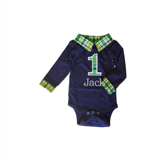 boys first birthday outfit, collared birthday bodysuit, personalized preppy cake smash shirt, green plaid, March birthday