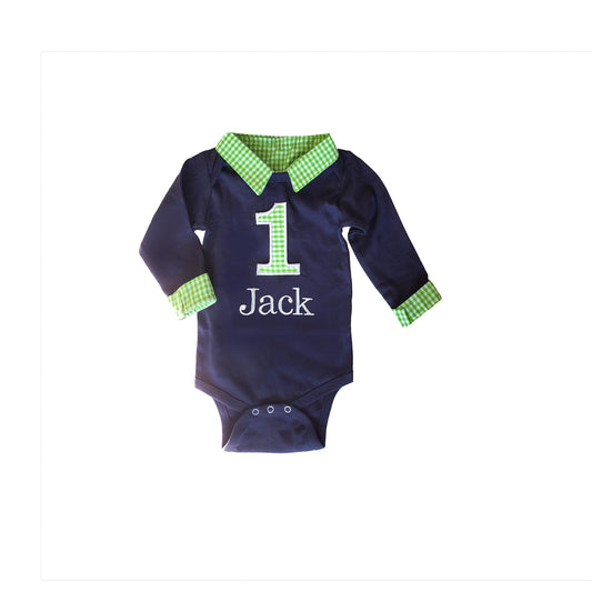 boys first birthday outfit, collared birthday bodysuit, personalized preppy cake smash shirt, navy and green gingham