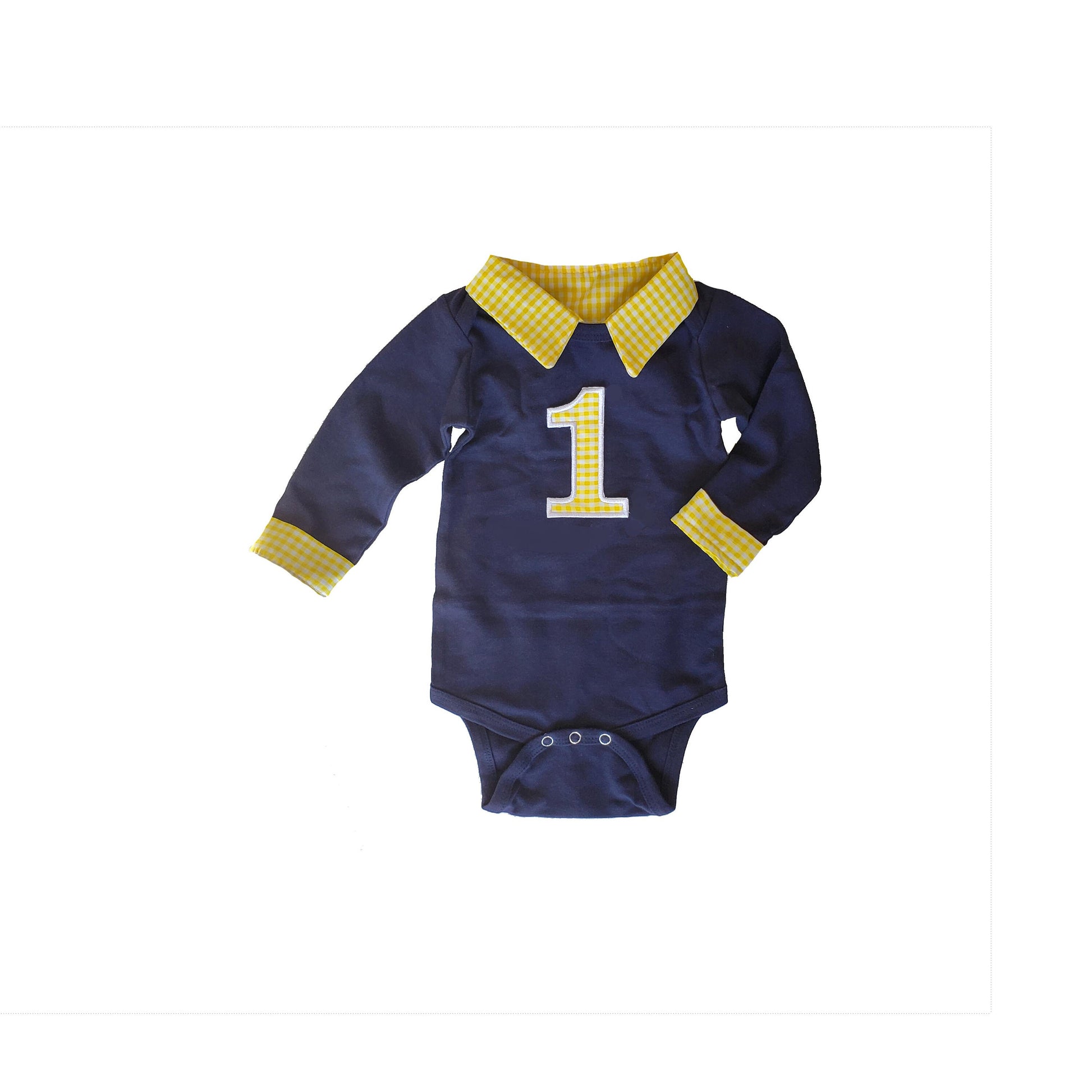 boys first birthday outfit, collared birthday bodysuit, personalized preppy cake smash shirt, navy and yellow gingham
