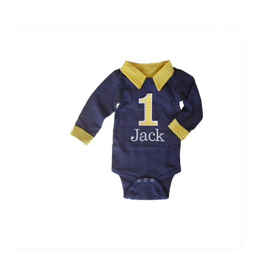 boys first birthday outfit, collared birthday bodysuit, personalized preppy cake smash shirt, navy and yellow gingham
