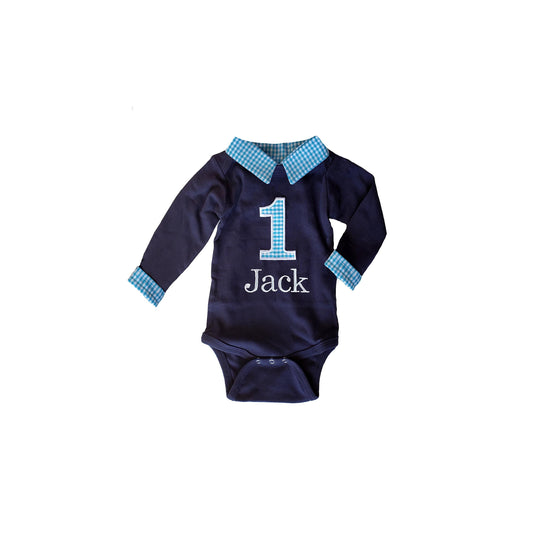 boys first birthday outfit, collared birthday bodysuit, personalized preppy cake smash shirt, blue gingham