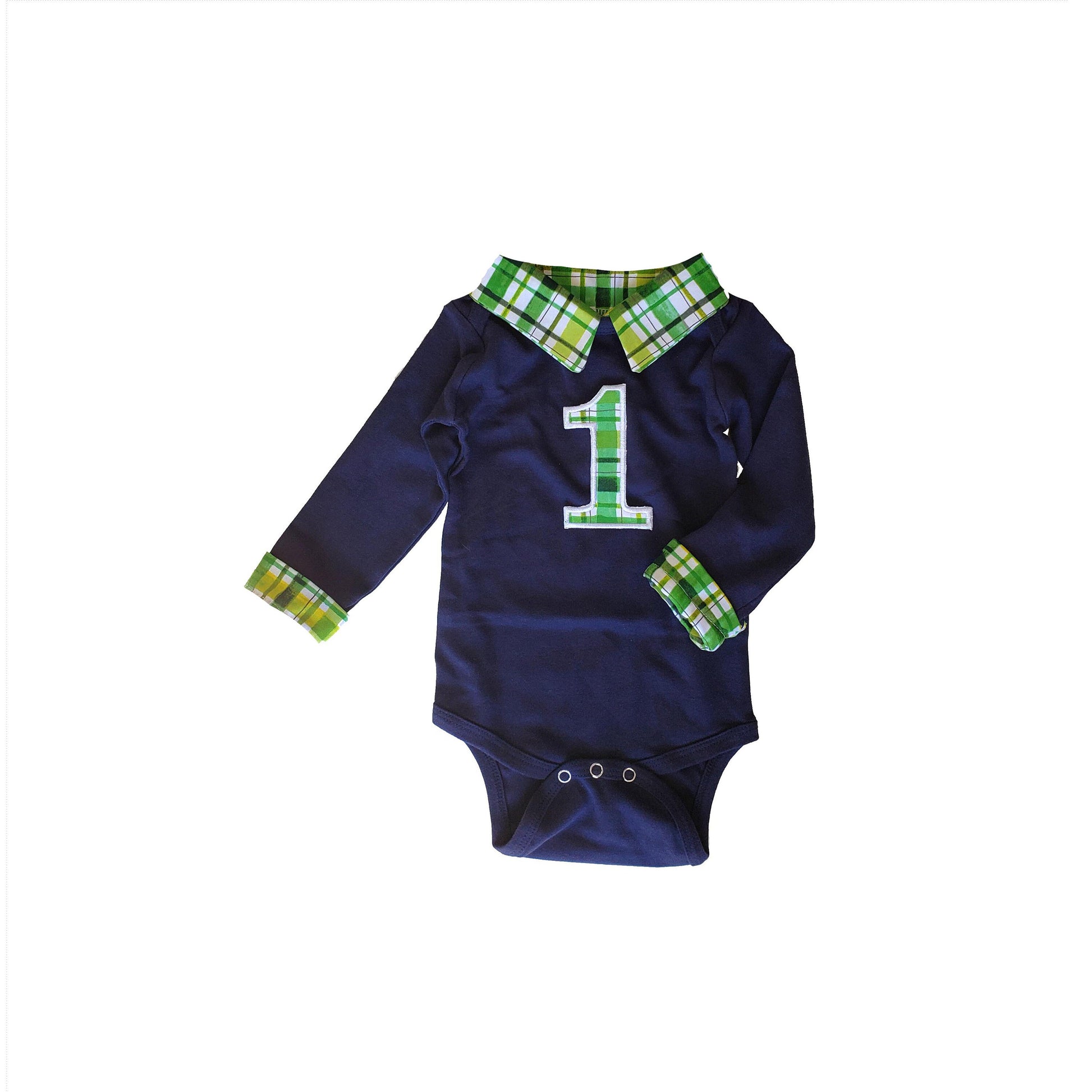 boys first birthday outfit, collared birthday bodysuit, personalized preppy cake smash shirt, green plaid, March birthday