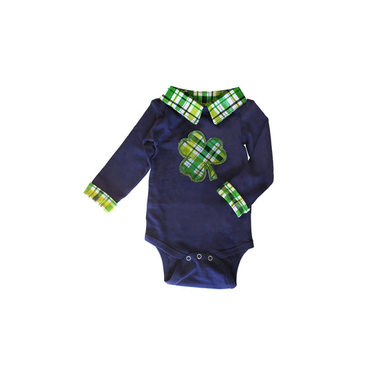 Shamrock St Patricks Day outfit for boys, Personalized custom green plaid bodysuit, March birthday
