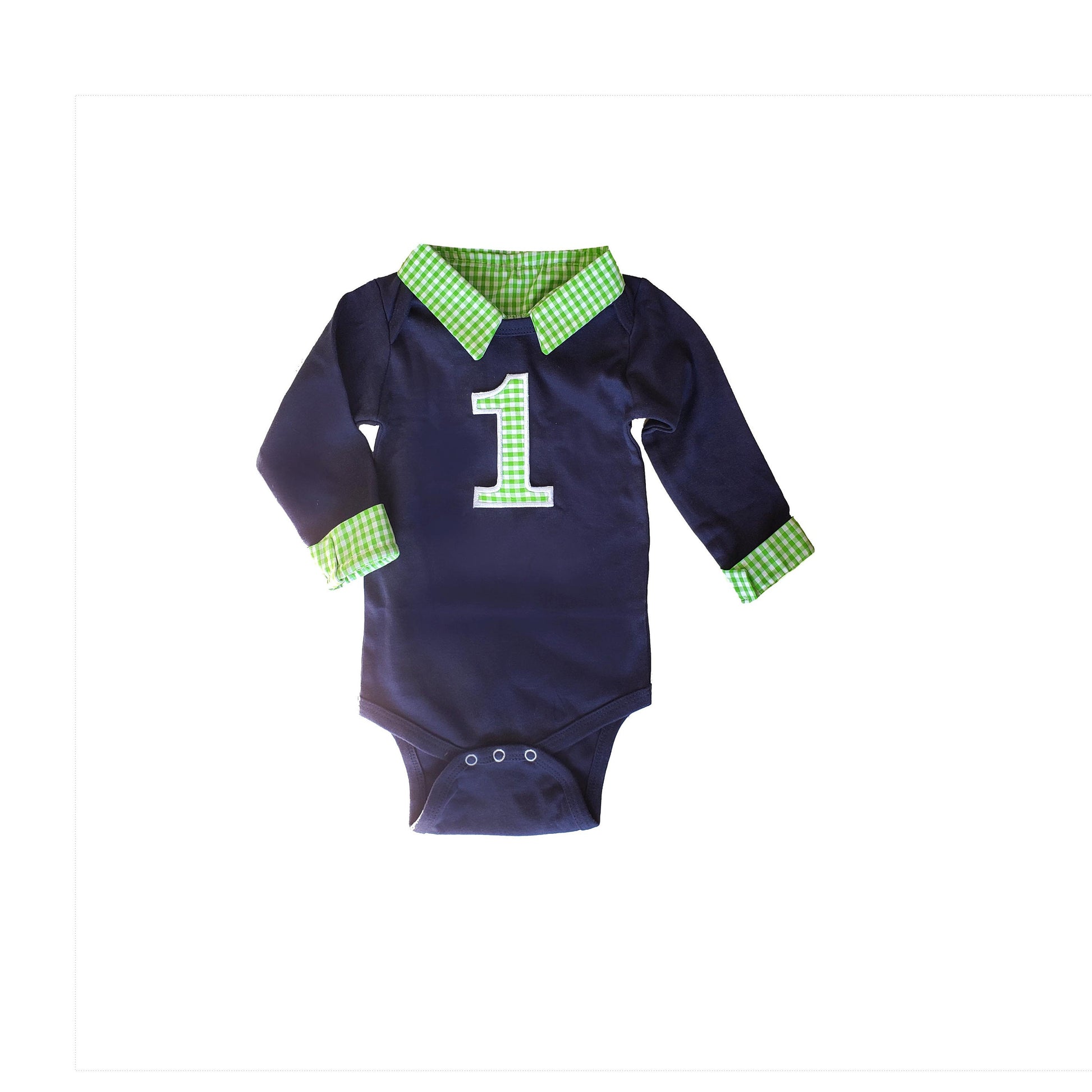 boys first birthday outfit, collared birthday bodysuit, personalized preppy cake smash shirt, navy and green gingham