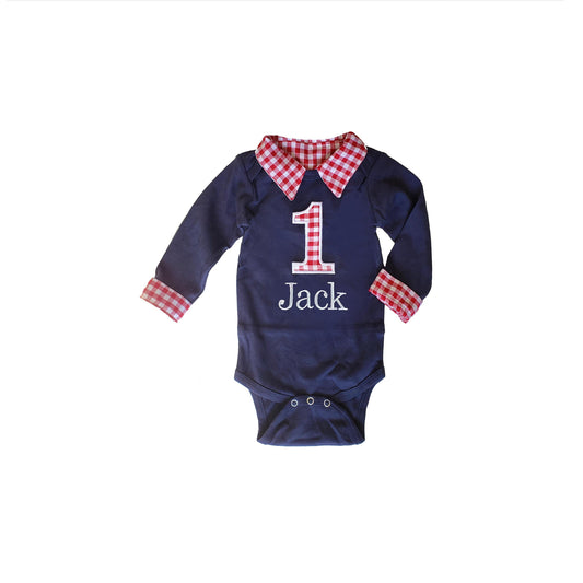 boys first birthday outfit, collared birthday bodysuit, personalized preppy cake smash shirt, navy and red gingham