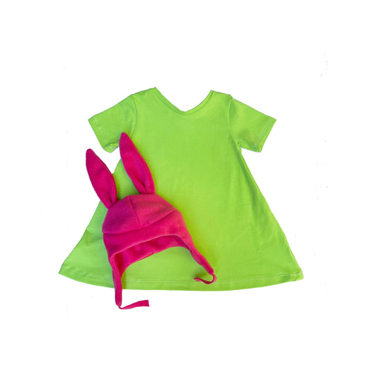 pink bunny ears costume, girls green dress costume, pink bunny ears hat, girls halloween costume
