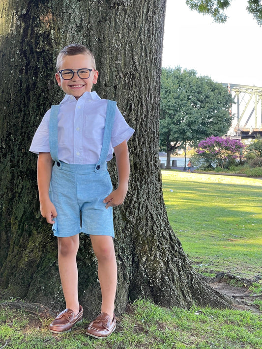 ring bearer outfit, suspender shorts for vintage style weddings, suit with linen vest blazer and bowtie, baby, toddler and youth sizes, blue