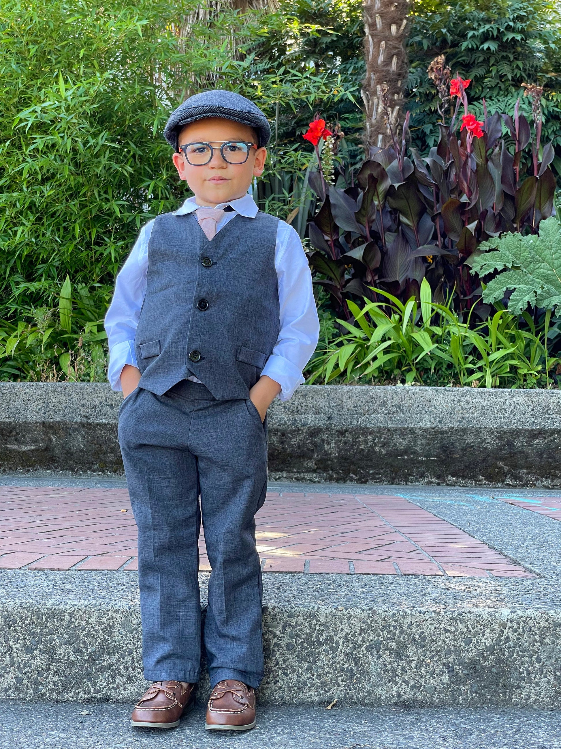 ring bearer outfit, suspender shorts for vintage weddings, suit with linen vest blazer and bowtie, baby, toddler and youth sizes, charcoal