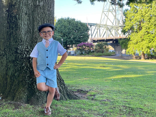 ring bearer outfit, suspender shorts for vintage style weddings, suit with linen vest blazer and bowtie, baby, toddler and youth sizes, blue