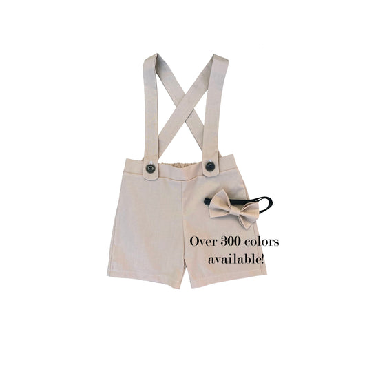 ring bearer outfit, suspender shorts for vintage weddings, suit with linen vest blazer and bowtie, baby, toddler and youth sizes, khaki tan
