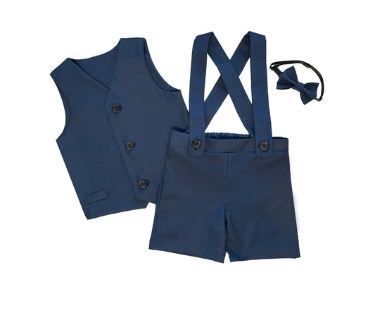 ring bearer outfit, suspender shorts for vintage style weddings, suit with linen vest blazer and bowtie, baby, toddler and youth sizes, navy