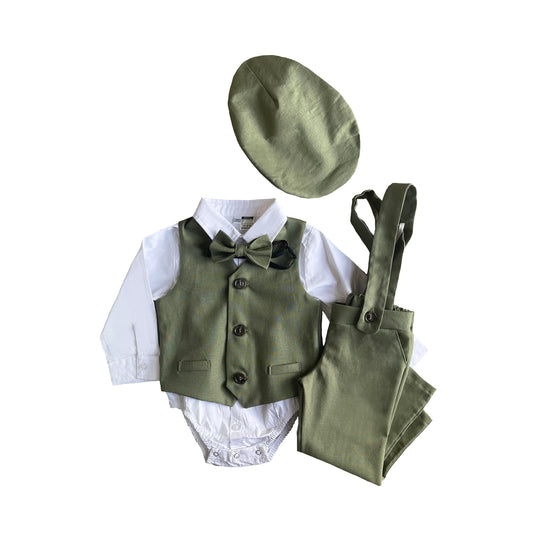 Boys Christmas outfit, suspender shorts for vintage style weddings, suit with linen vest blazer and bowtie, First Birthday Cake Smash Photo