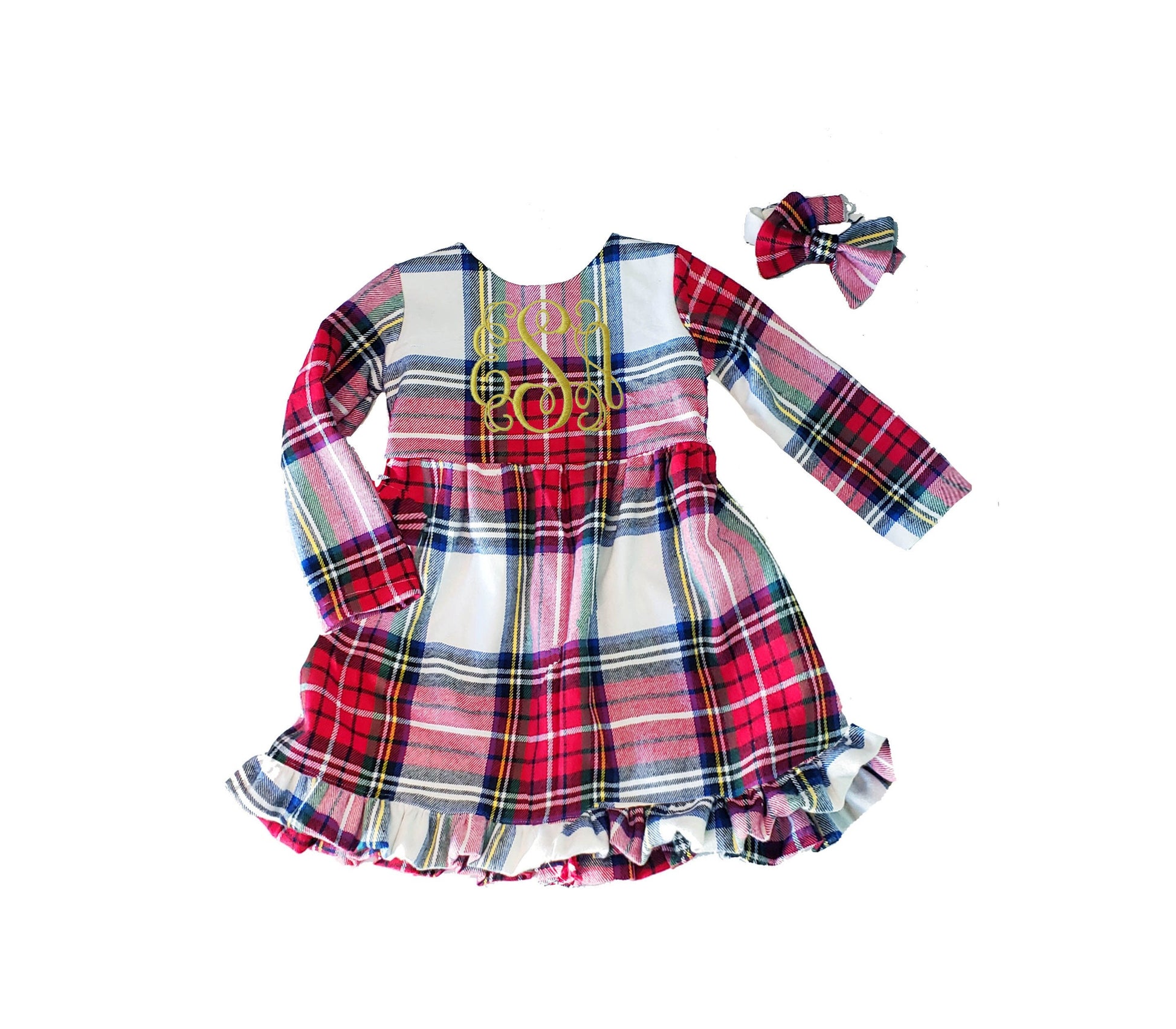 Tartan Plaid Christmas dress, embroidered dress, Toddler Christmas dress, red plaid dress. holiday dress, sibling set, matching bowtie