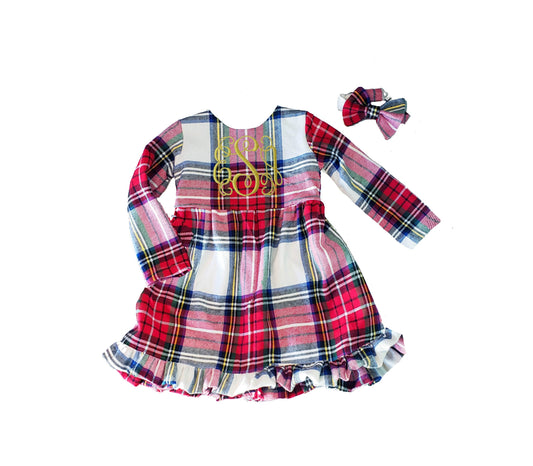 Tartan Plaid Christmas dress, embroidered dress, Toddler Christmas dress, red plaid dress. holiday dress, sibling set, matching bowtie