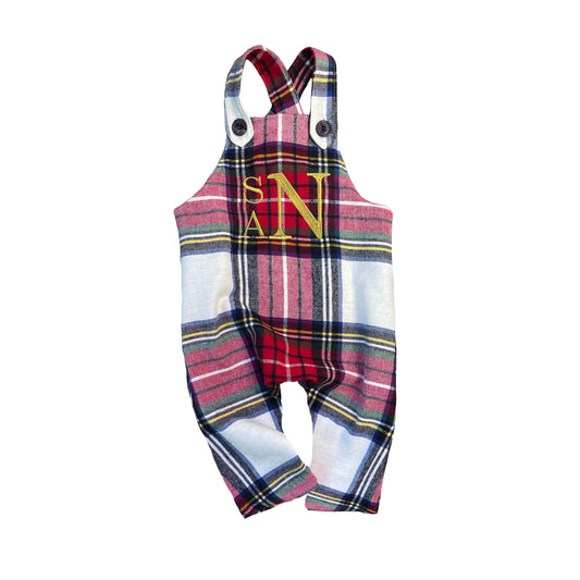 Tartan Plaid Christmas overalls, embroidered boys romper, holiday outfit for baby, toddler and boys, matching outfits siblings boy girl