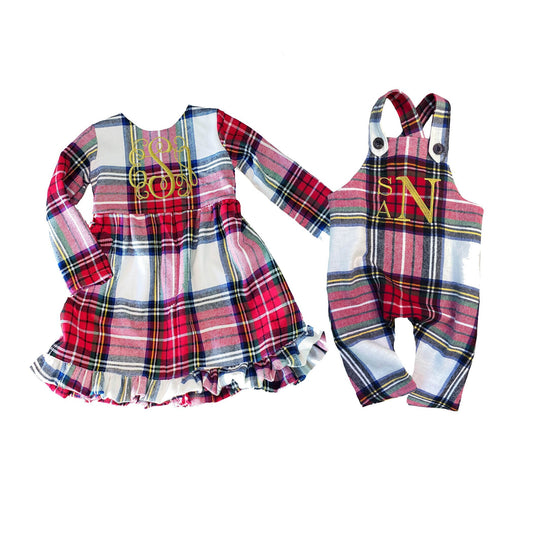Tartan Plaid Christmas outfits, embroidered romper and dress, holiday dress for baby, toddler girls and boys, matching outfits siblings