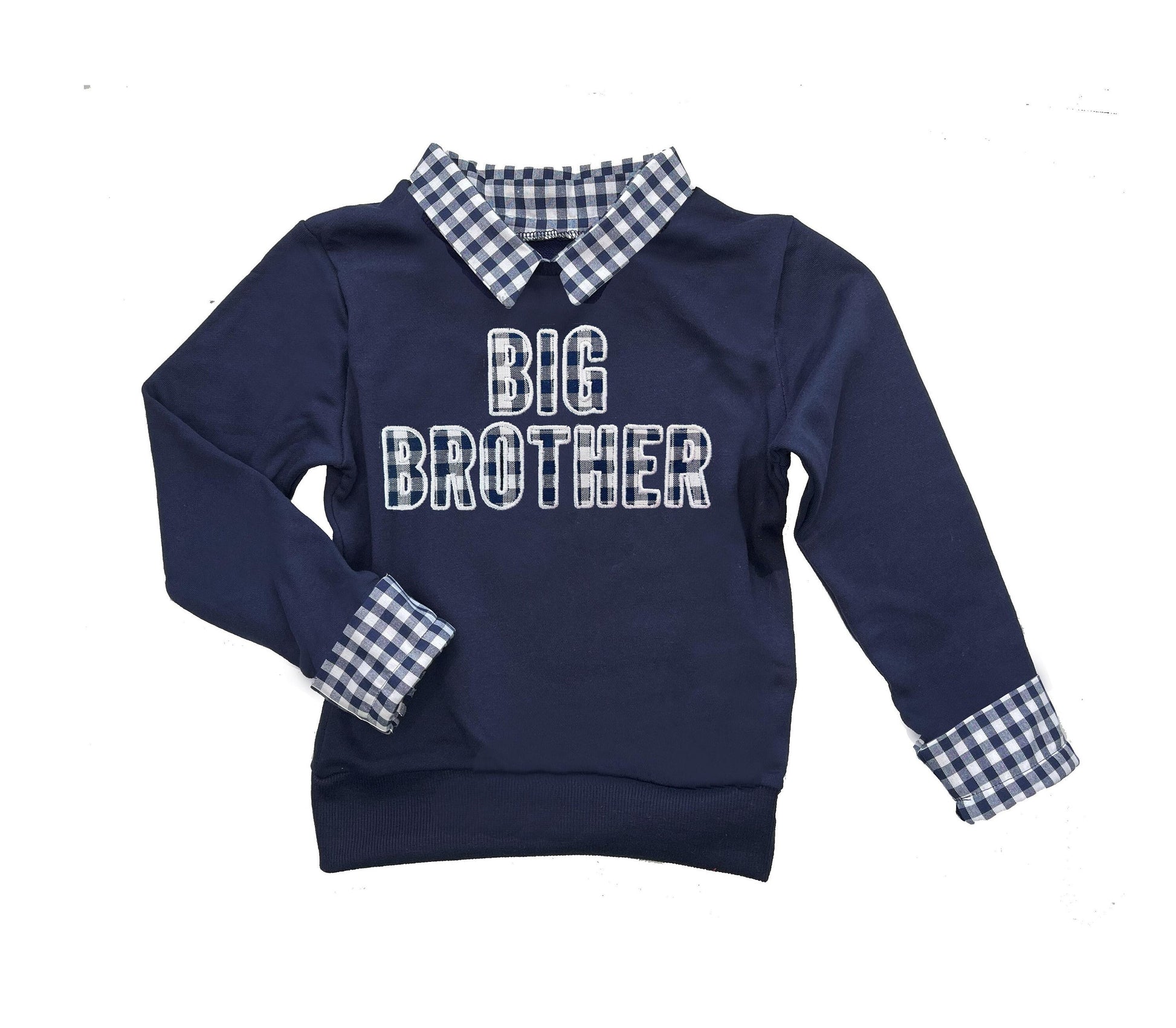Big Brother outfit, collared sweater, Pregnancy Announcement, navy gingham shirt